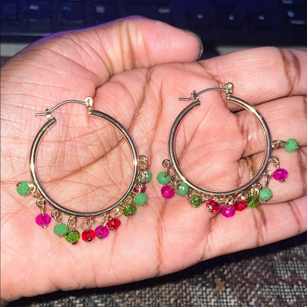 Gold Hoop Earrings with Multicolor Beads